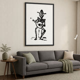 Skeleton Musician Vintage Wall Art – Black and White Guitar Illustration