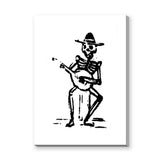 Skeleton Musician Vintage Wall Art – Black and White Guitar Illustration