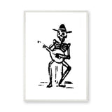 Skeleton Musician Vintage Wall Art – Black and White Guitar Illustration