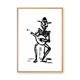 Skeleton Musician Vintage Wall Art – Black and White Guitar Illustration