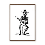 Skeleton Musician Vintage Wall Art – Black and White Guitar Illustration