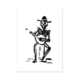 Skeleton Musician Vintage Wall Art – Black and White Guitar Illustration
