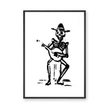 Skeleton Musician Vintage Wall Art – Black and White Guitar Illustration