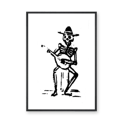Skeleton Musician Vintage Wall Art – Black and White Guitar Illustration