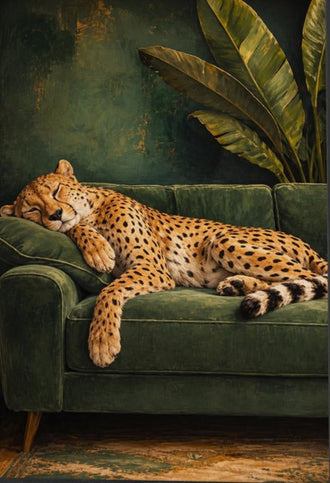 Sleeping Cheetah Eclectic Wall Art – Green Sofa Botanical Print
