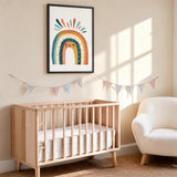 Sleepy Boho Rainbow Kids Wall Art – Smiling Boho Rainbow with Colorful Rays