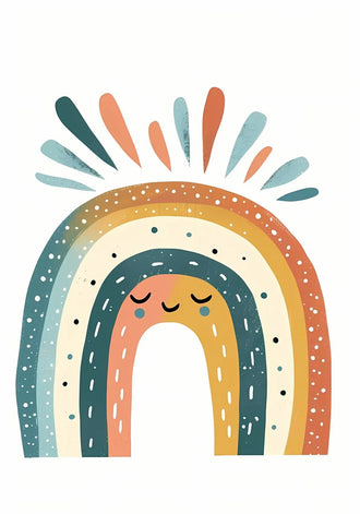 Sleepy Boho Rainbow Kids Wall Art – Smiling Boho Rainbow with Colorful Rays