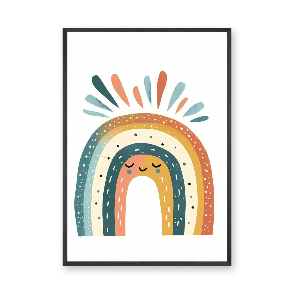 Sleepy Boho Rainbow Kids Wall Art – Smiling Boho Rainbow with Colorful Rays