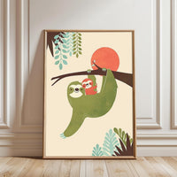 Sloth and Baby Aesthetic Home Art Print – Cute Animal Illustration Print