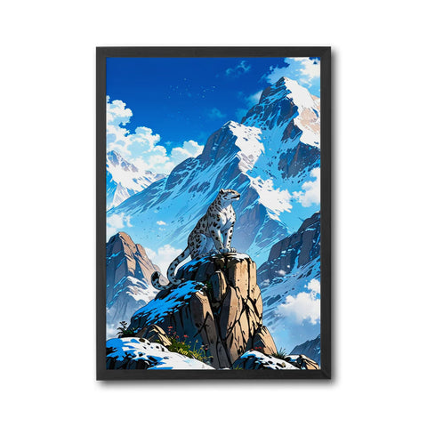 Snow Leopard on Mountain Aesthetic Wall Poster | Wildlife Wall Print