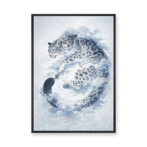 Snow Leopard Surreal Watercolor Wall Art – Misty Blue Cloud Animal Print