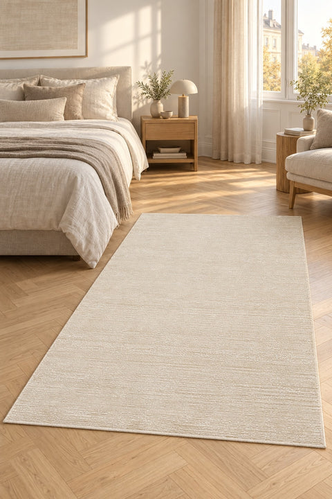 Soft Modern Shag Area Rug – Cream 1 in a bedroom