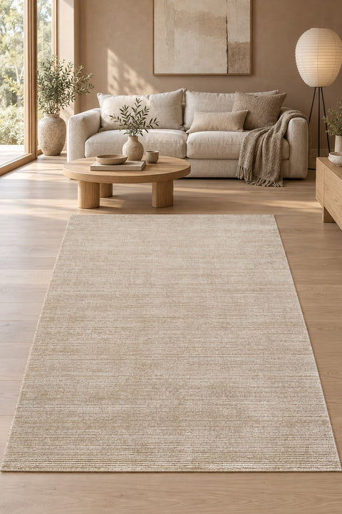 Soft Modern Shag Area Rug – Cream & Beige 1 in a living room