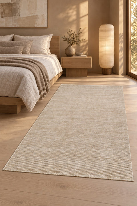 Soft Modern Shag Area Rug – Cream & Beige 1 in a bedroom