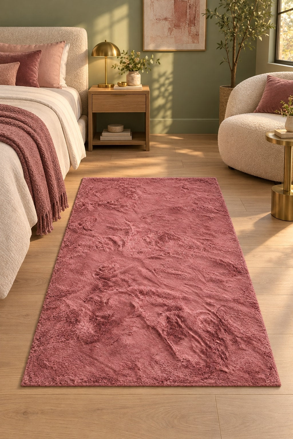 Soft Plush Modern Area Rug – Dusty Rose in a bedroom