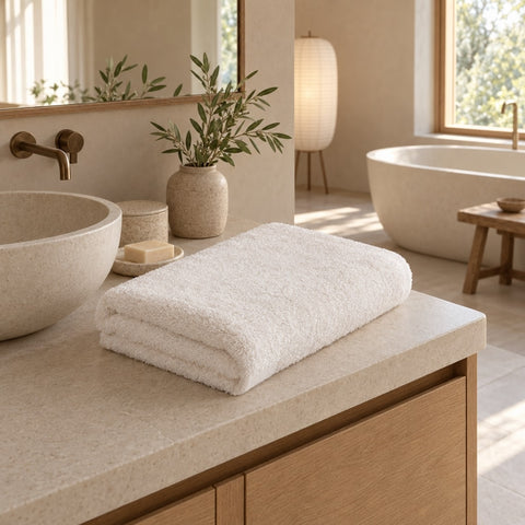 Solid Cotton Bamboo Guest Towel Set of 1 – Ecru in a bathroom