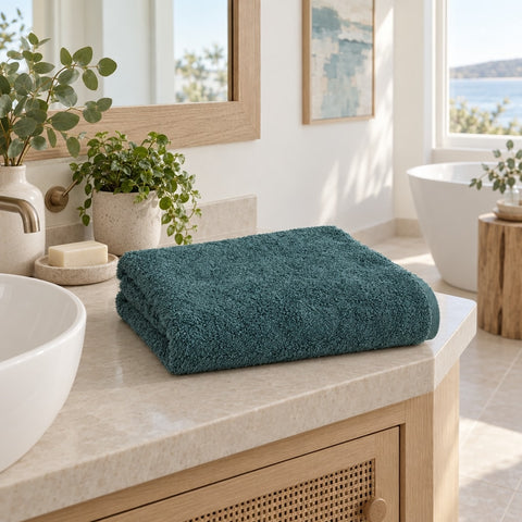 Solid Cotton Bamboo Guest Towel Set of 1 – Smoky Turquoise in a bathroom