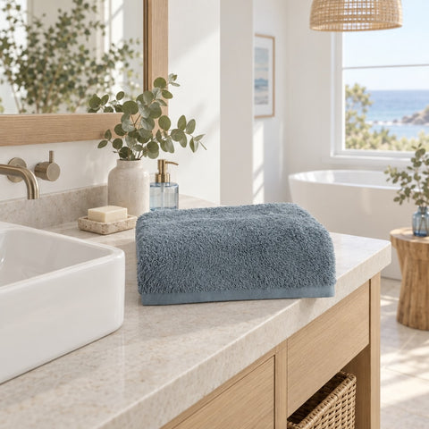 Solid Cotton Bamboo Guest Towel Set of 1 – Steel Blue in a bathroom