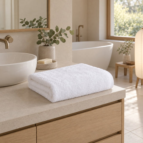 Solid Cotton Bamboo Guest Towel Set of 1 – White in a bathroom