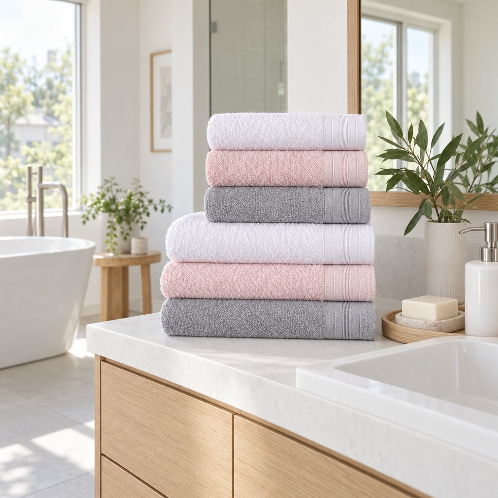 Solid Cotton Bath Towel Set of 6 in a bathroom