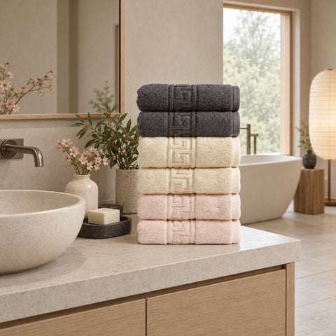 Solid Cotton Hand Towel Set of 6 – Blush, Beige & Charcoal in a bathroom