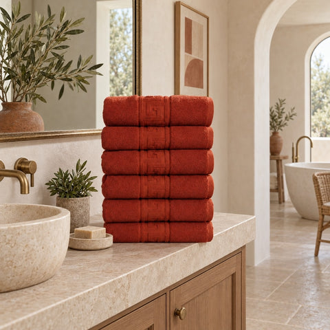 Solid Cotton Hand Towel Set of 6 – Terracotta in a bathroom