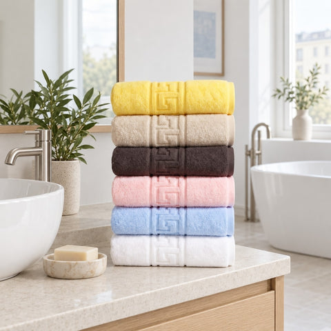 Solid Cotton Hand Towel Set of 6 – White, Cream, Charcoal, Blush, Blue in a bathroom