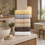 Solid Cotton Hand Towel Set of 6 – White, Cream, Charcoal, Blush, Gray in a bathroom