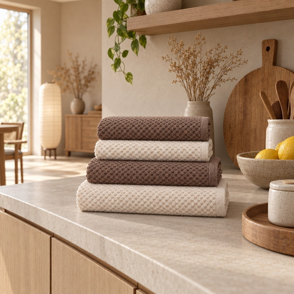 Solid Cotton Kitchen Towel Set of 4 – Brown & Cream in a kitchen