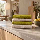 Solid Cotton Kitchen Towel Set of 4 – Olive Green & Cream in a kitchen