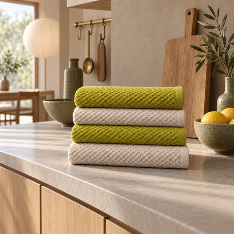 Solid Cotton Kitchen Towel Set of 4 – Olive Green & Cream in a kitchen