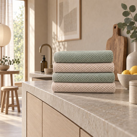 Solid Cotton Kitchen Towel Set of 4 – Sage & Cream in a kitchen