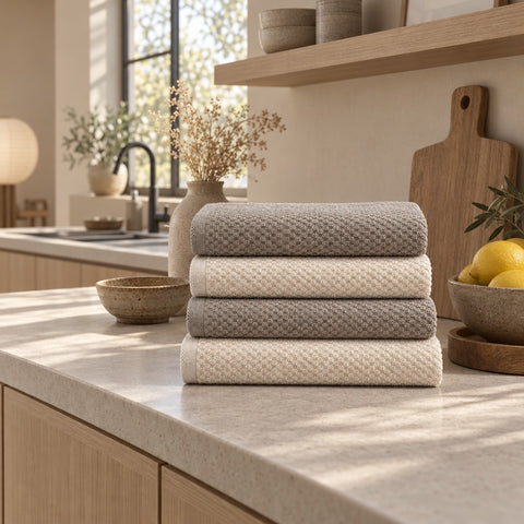 Solid Cotton Kitchen Towel Set of 4 – Taupe & Cream in a kitchen
