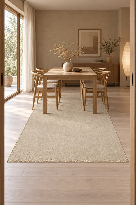 Solid Modern Area Rug – Beige in a dining room