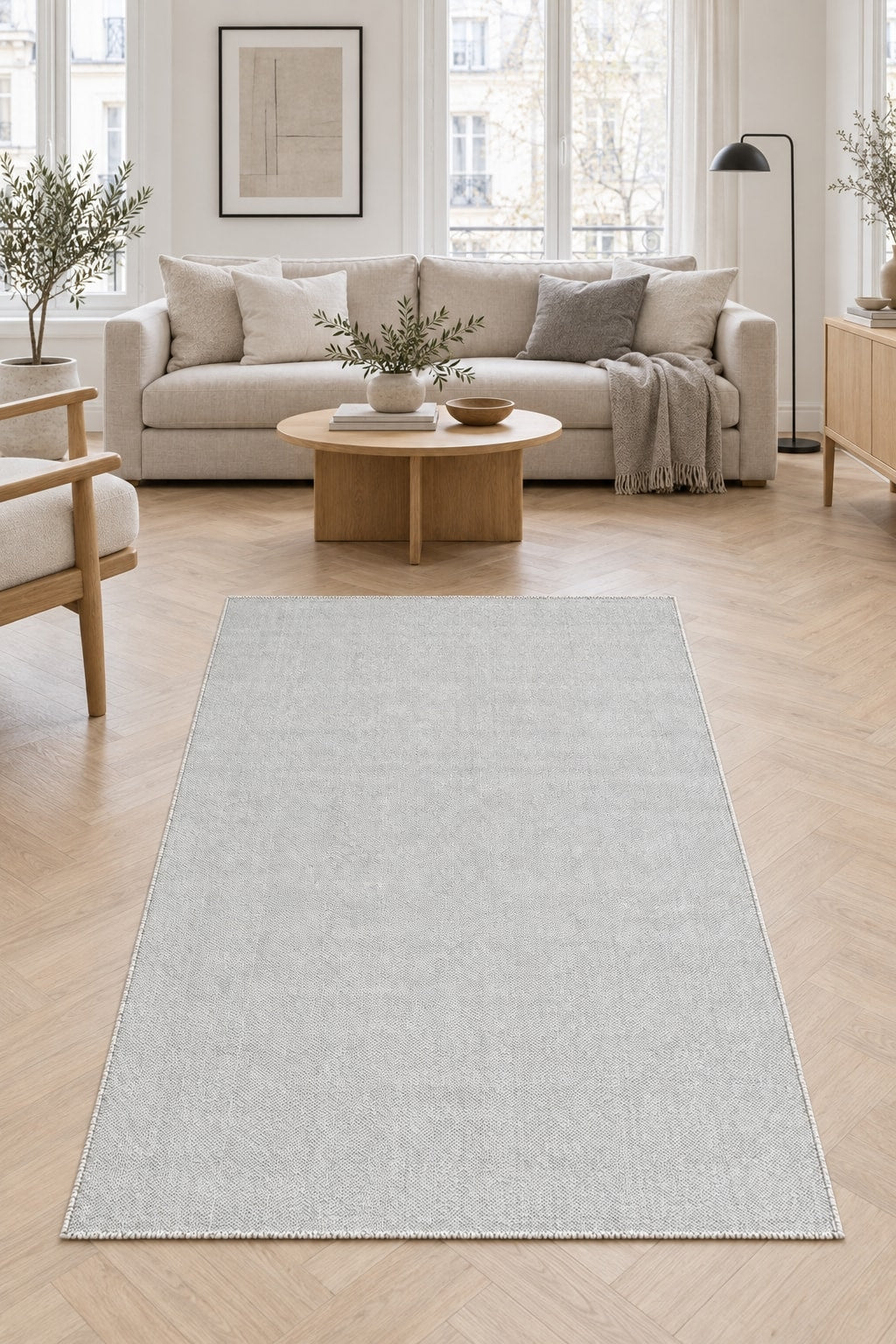 Solid Modern Area Rug – Light Gray in a living room
