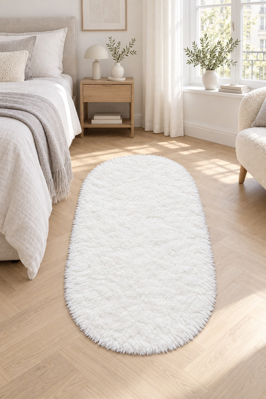 Solid Modern Oval Runner Rug in a bedroom