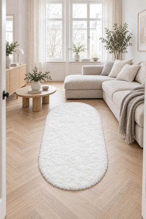 Solid Modern Oval Runner Rug in a living room