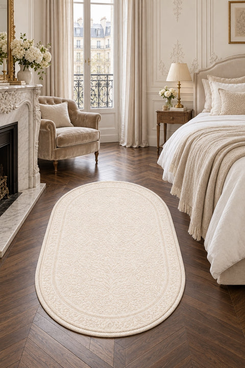 Solid Modern Oval Shag Rug – Brown in a bedroom