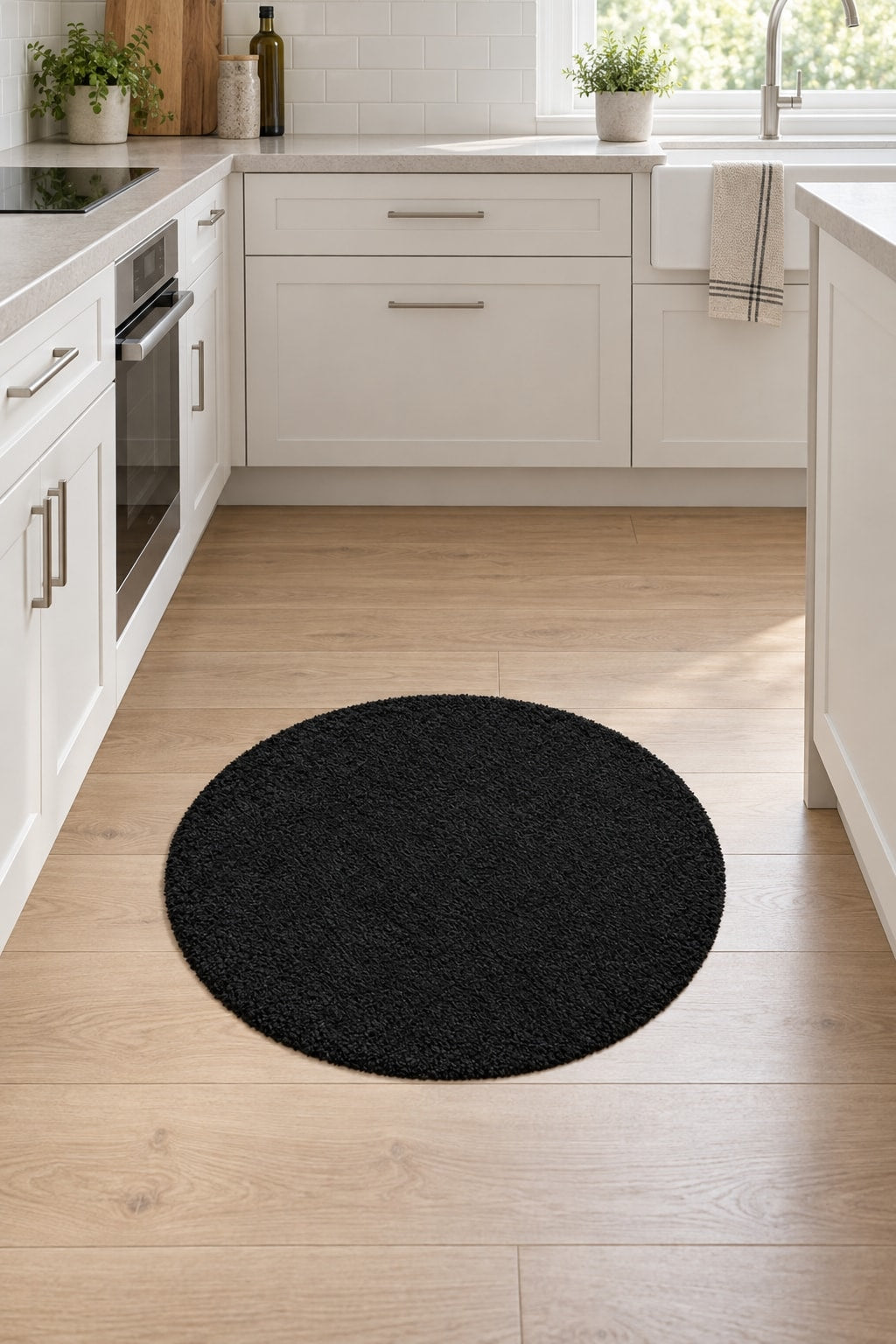 Solid Modern Round Plush Rug – Black in a kitchen