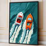 Speedboats Modern Retro Wall Art – Racing Boats on Teal Ocean Water