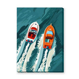 Speedboats Modern Retro Wall Art – Racing Boats on Teal Ocean Water