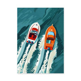 Speedboats Modern Retro Wall Art – Racing Boats on Teal Ocean Water