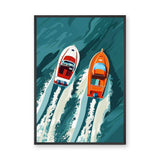 Speedboats Modern Retro Wall Art – Racing Boats on Teal Ocean Water