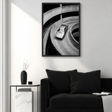 Sports Car Ramp Modern Wall Art – Black and White Parking Garage Photo