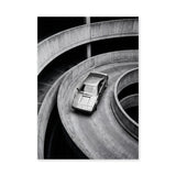 Sports Car Ramp Modern Wall Art – Black and White Parking Garage Photo