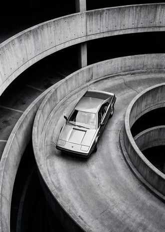 Sports Car Ramp Modern Wall Art – Black and White Parking Garage Photo