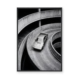 Sports Car Ramp Modern Wall Art – Black and White Parking Garage Photo