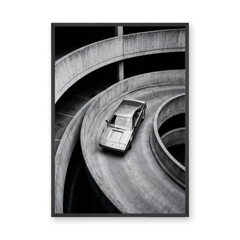 Sports Car Ramp Modern Wall Art – Black and White Parking Garage Photo