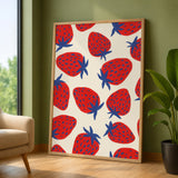 Strawberry Pop Art Wall Art – Red Blue Fruit Pattern on Cream