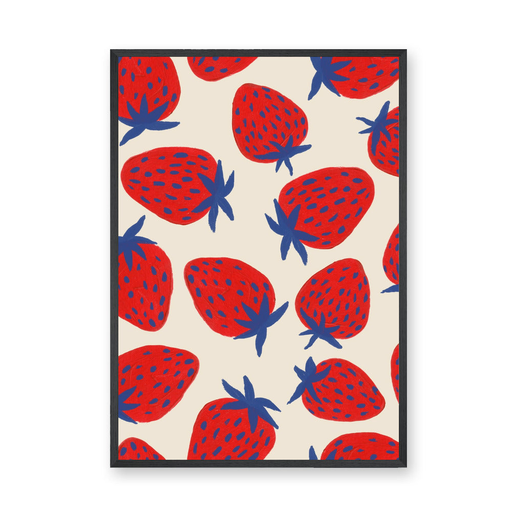 Strawberry Pop Art Wall Art – Red Blue Fruit Pattern on Cream